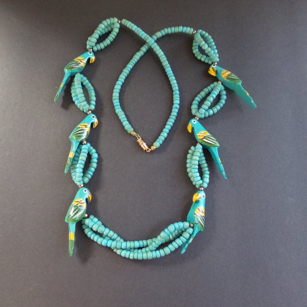 Beautiful Unique Bird Fetish Tropical Necklace Aqua Painted Wood Colorful Summer